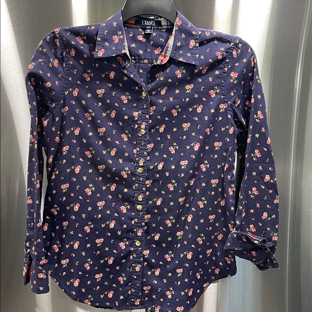 Chaps Dark Blue Shirt with Pink Floral Design